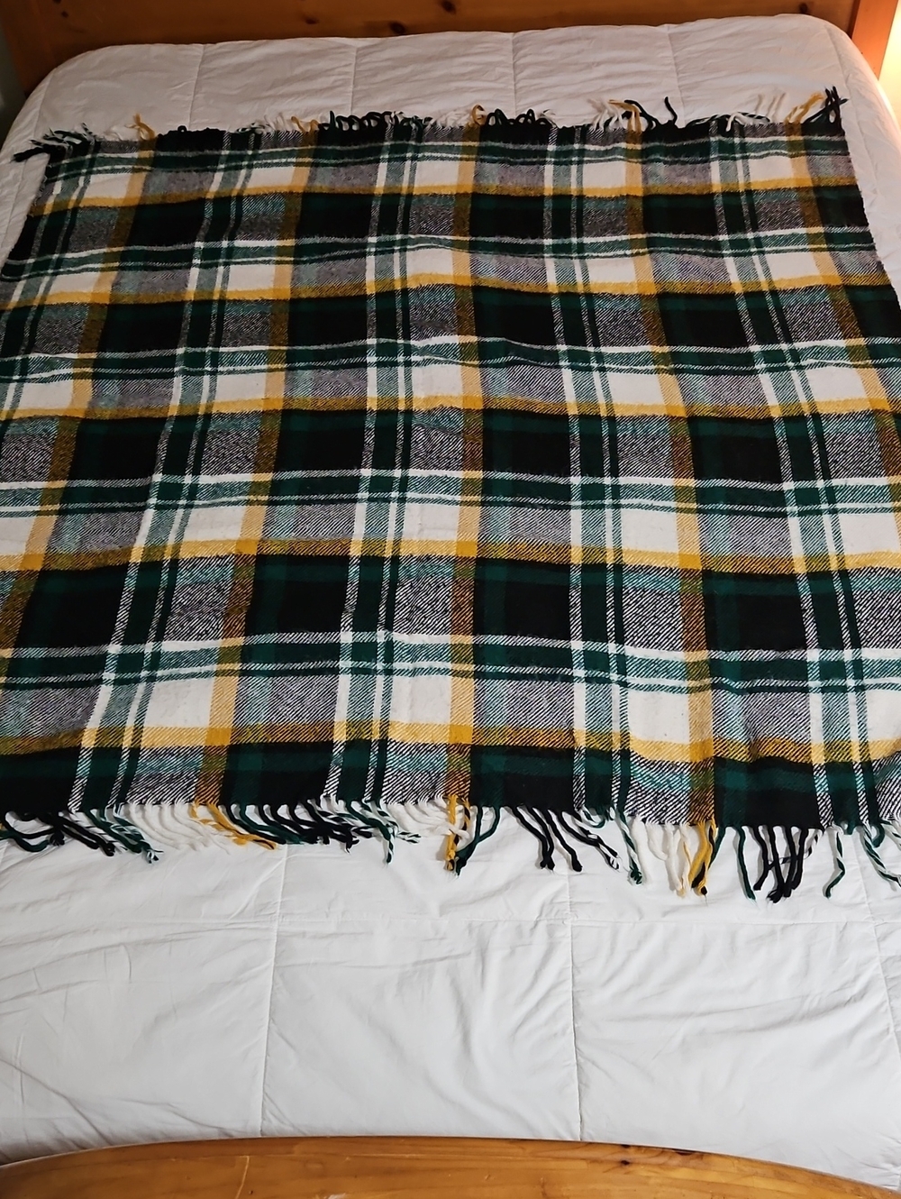 Vintage Plaid Fringe Leisure Blanket Throw Tartan Green Gold White